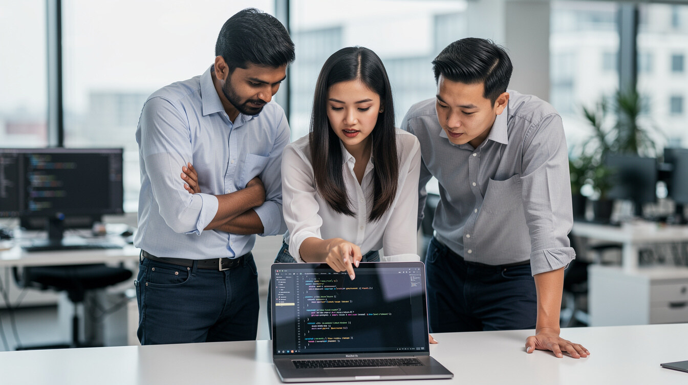 Diverse development team reviewing code on a laptop screen